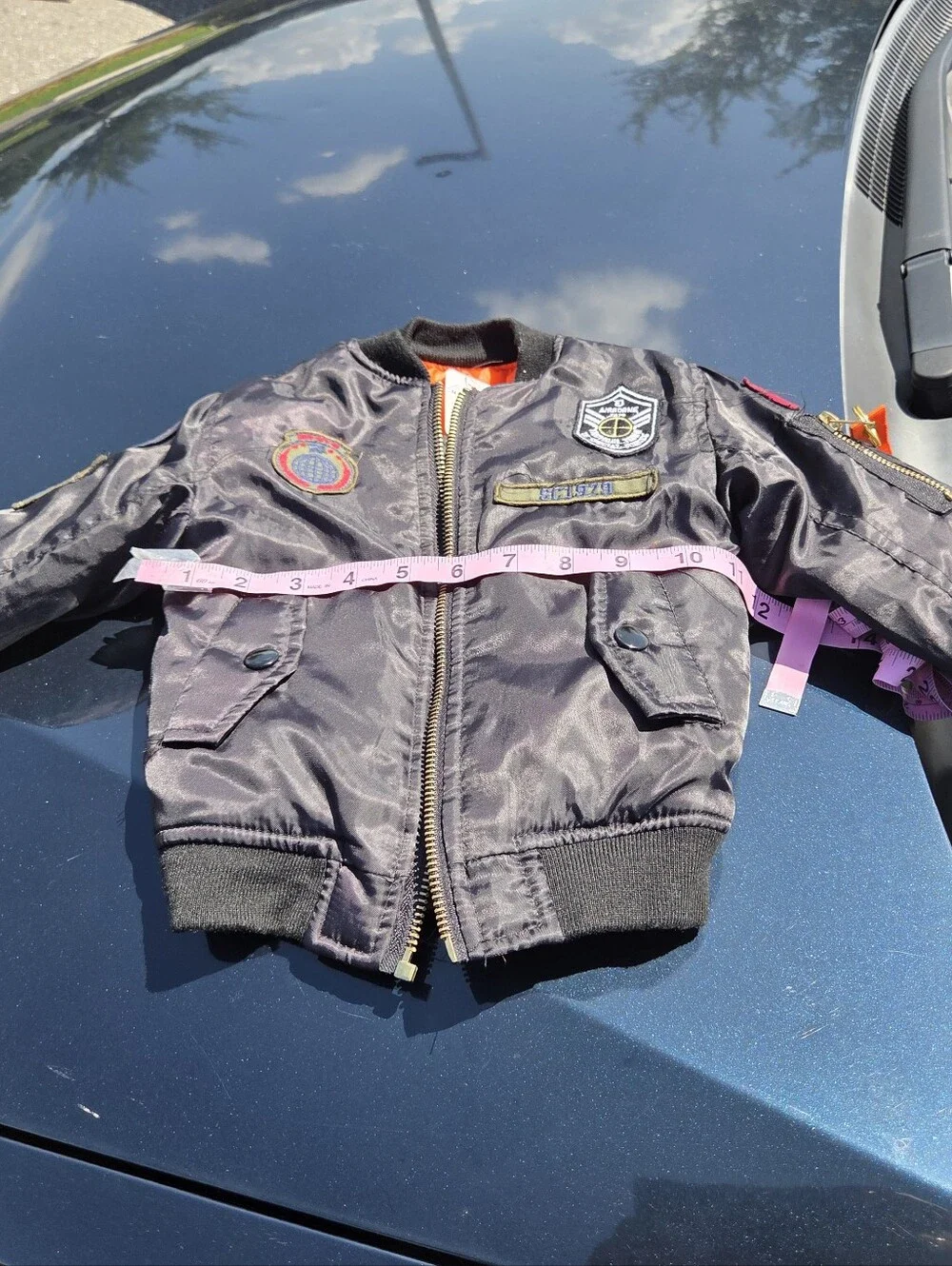 Black Bomber Jacket w/Orange Lining & Patch Details - No Size Tag, Use Measrmts